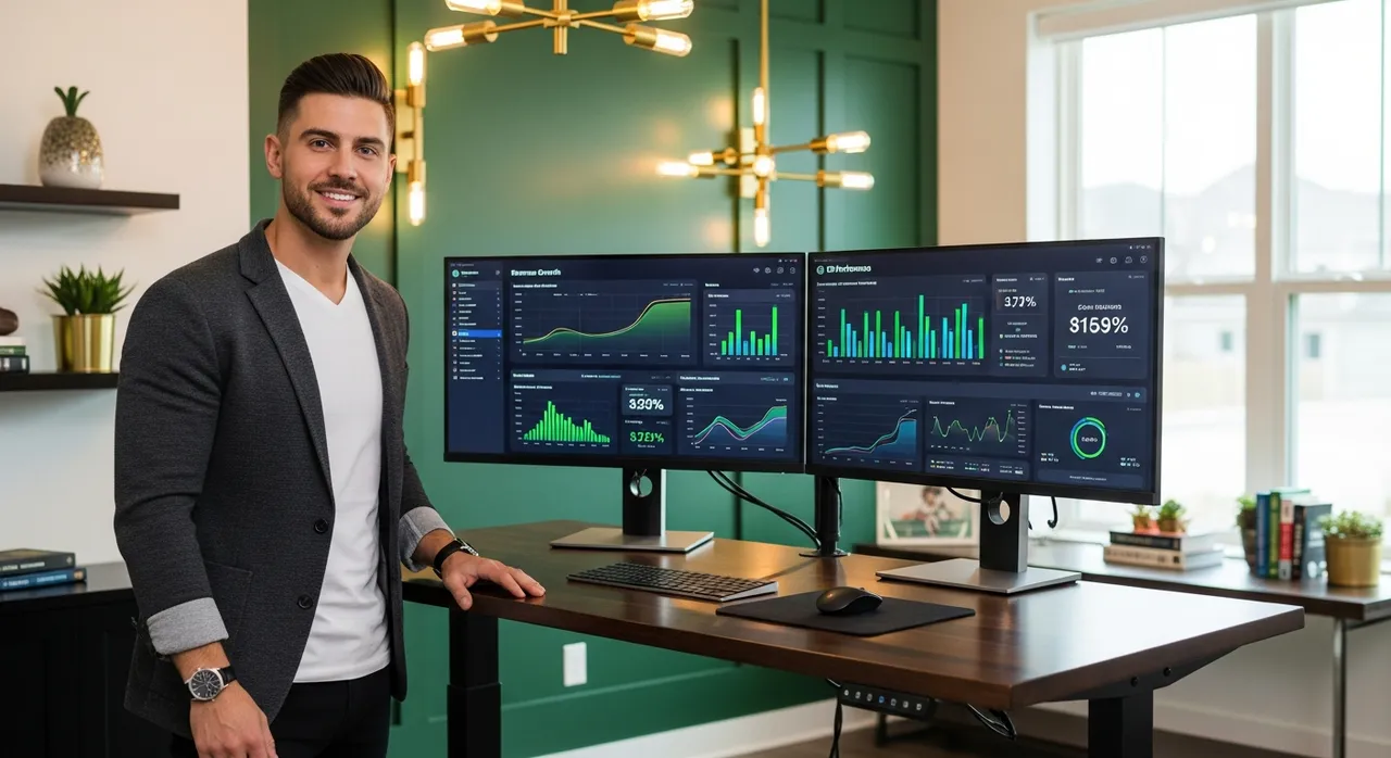 Dynamic entrepreneur at standing desk with dual monitors showing business analytics dashboards